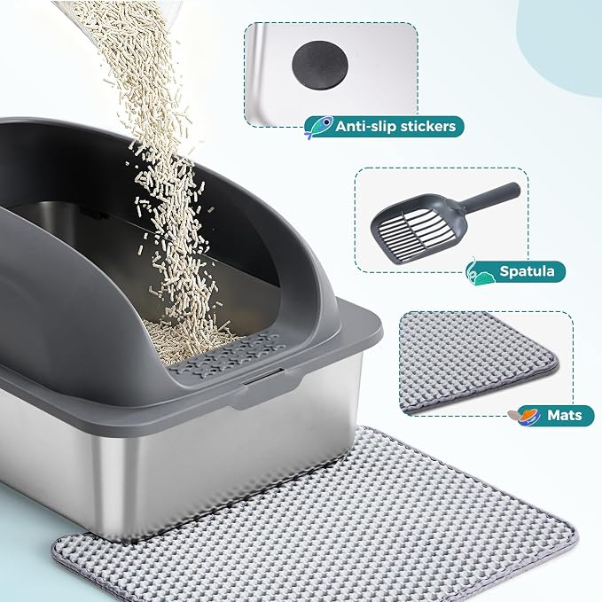 OLIXIS Stainless Steel Large Cat Litter Box with Lid, High Wall Sides | Large Cat Litter Box for Big Cats, Anti-Urine Leakage, Easy Cleaning, Scoop and Mat Included, Dark Gray - Image 6