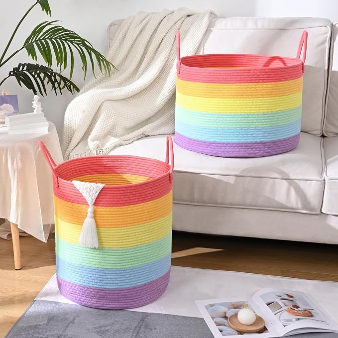 Laundry Hamper for Organizing, 52L Large Laundry Baskets, Cotton Rope Woven Blanket Basket, Collapsible Laundry Hamper for Living Room, Nursery, 15"×18", Rainbow - Image 6