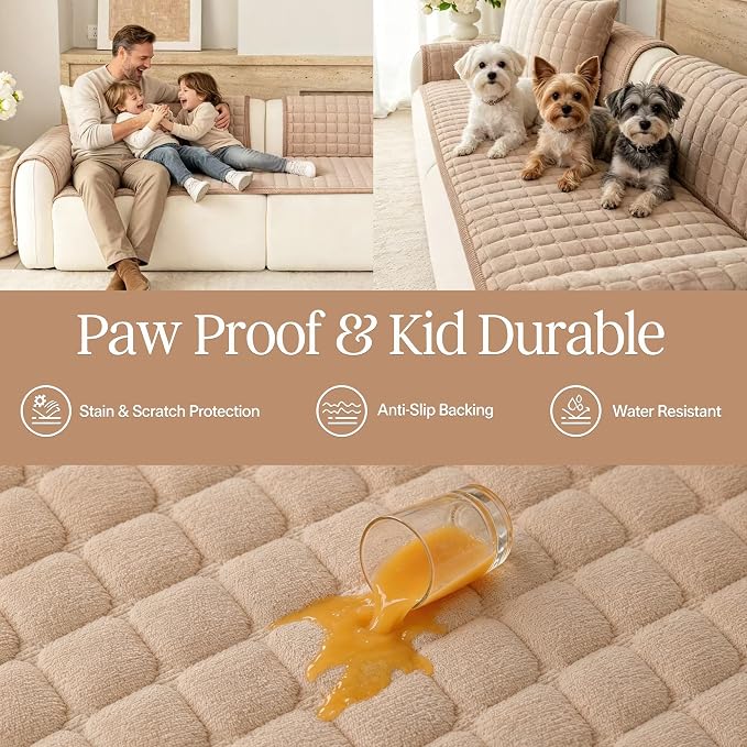 Velvet Washable Couch Cover for Dog,L Shape Sofa Cover for Pets. | 27.6"x90",Khaki,Sectional Couch Cover,Soft Velvet,Non-Slip,Furniture Protector,quilted - Image 5