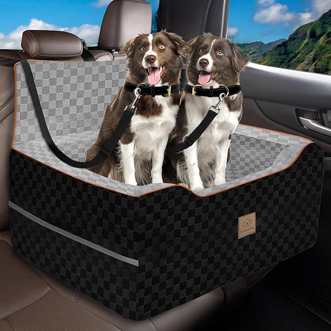 Large Dog Car Seat for Back Seat – Removable Dog Booster Seat & Washable Pet Car Seat for Medium & 2 Small Dogs up to 60lbs – Safety Straps & Storage Pocket – Travel & Home Use (Gray/Black) by Unknown