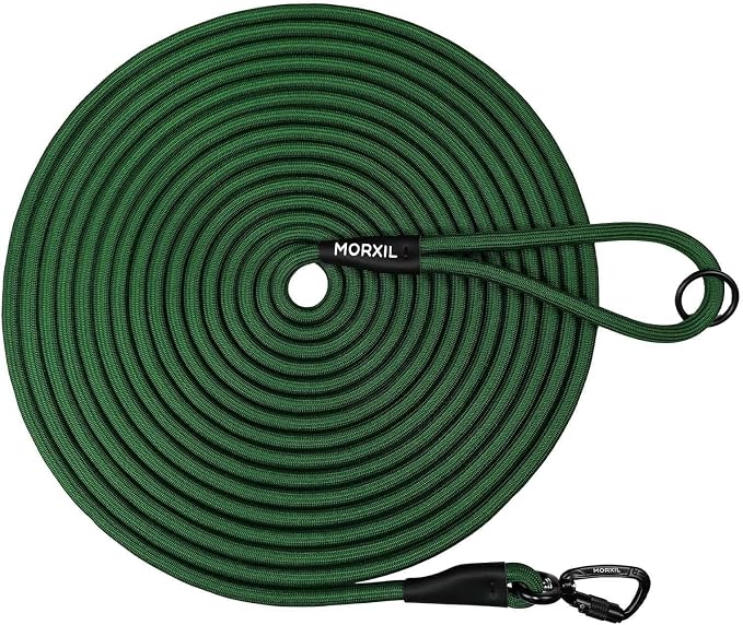Long Dog Leash, 10ft 30ft 50 feet Heavy Duty Dog Training Leash, Aviation Aluminum Auto Locking Carabiner, Nylon Rope Long Line Check Cord Recall Lead for Yard,Playing,Camping,Dark Green,30FT by MORXIL