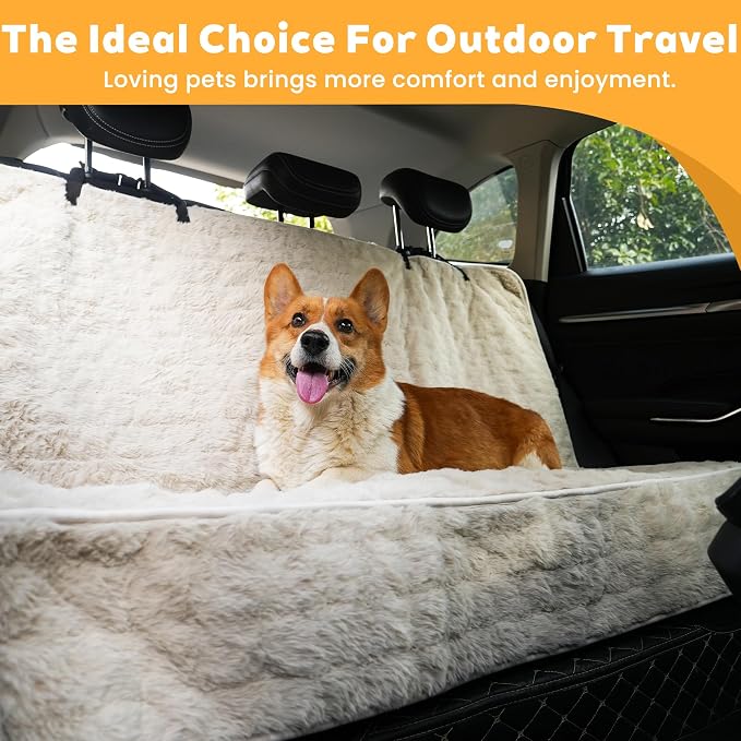 Dog Car Seat Cover, Waterproof Plush Pet Seat Protector, Beige, Back Seat | Faux rabbit fur, waterproof layer, non-slip silicone backing, side flaps, machine washable, fits most cars and SUVs - Image 8