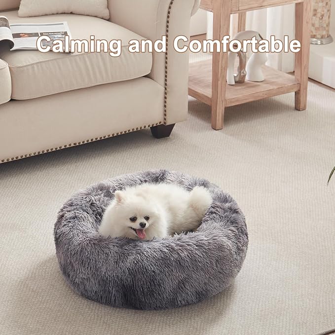 23 in Faux Fur Fluffy Donut Dog Bed for Small Dogs,Tie-dye Grey | Calming Plush Round Puppy Pet Bed with Removable & Washable Cover,Fits up to 25 lbs Pets - Image 2
