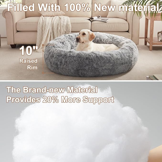 45 in Faux Fur Fluffy Donut Dog Bed for Extra Large Dogs,Dark Grey | Calming Plush Round Jumbo Pet Bed with Removable & Washable Cover,Fits up to 120 lbs Pets - Image 3