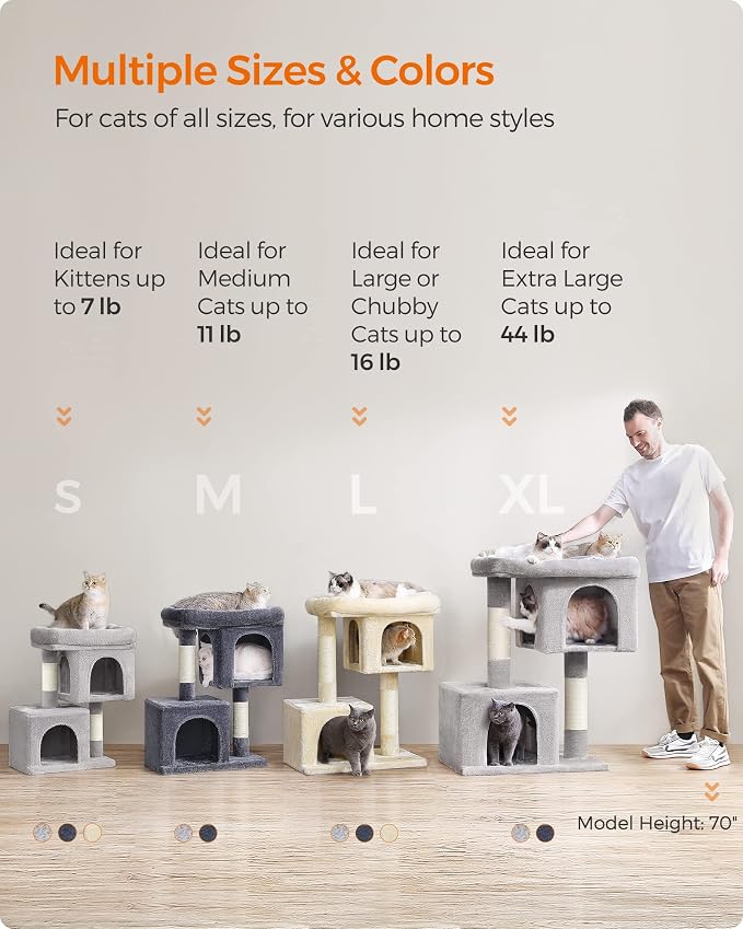 Feandrea Cat Tree, 40.6-Inch Cat Tower, Plush Condo for Extra Large Cats up to 44 lb, Large Perch, 2 Caves, Scratching Post, Smoky Gray UPCT614G01 - Image 7