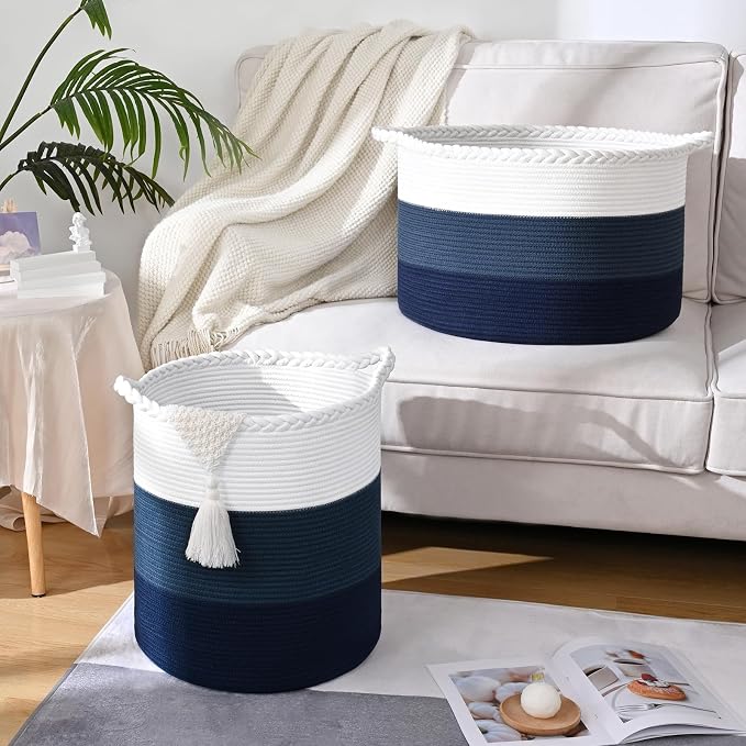 67L Large Woven Blanket Basket, Cotton Rope Baby Laundry Hamper with Handles, Kids Toy Basket for Classroom & Nursery, Soft Round Stuffed Animal Storage, Dog Toy Bin - 20"x13", Dark Blue - Image 9