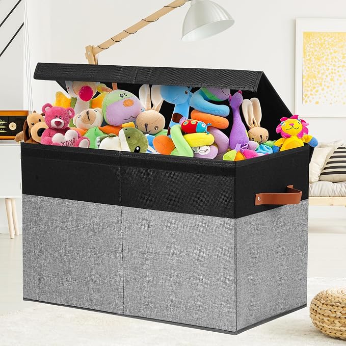 Large Toy Storage Box with Lid, Toy Chest Bin Boxes Basket with Dividers | Sturdy Toy Organizer Bin for Kids, Boys, Girls, Nursery, Living Room, Bedroom, Playroom 25"x13" x16"(Black and Grey) - Image 5