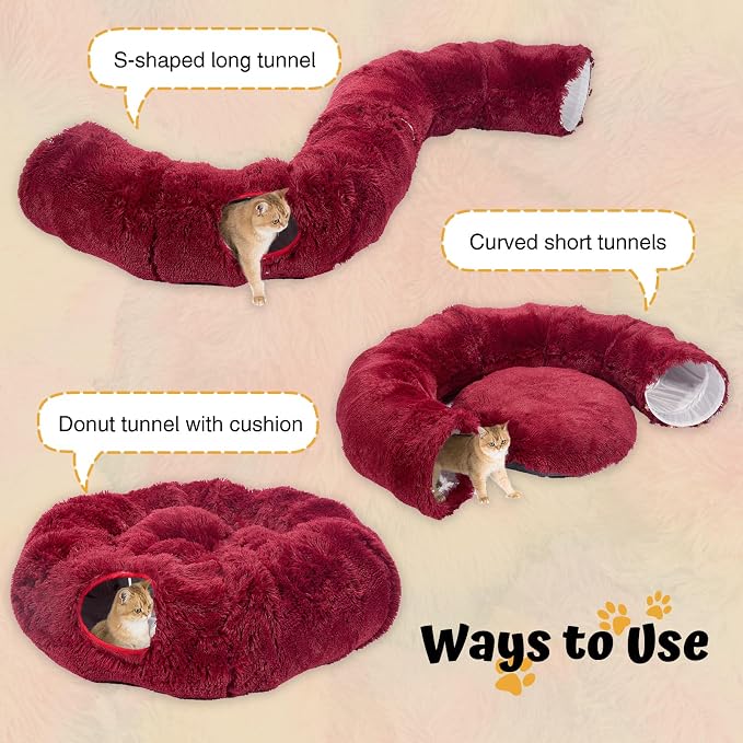 Avont Cat Tunnel Bed, Washable Cushion, Large 3-in-1 Play Tube for Cats | Play, Rest & Snuggle | Spacious for Big Cats | Durable Toggle Design | Removable Washable Cushion | Red - Image 2