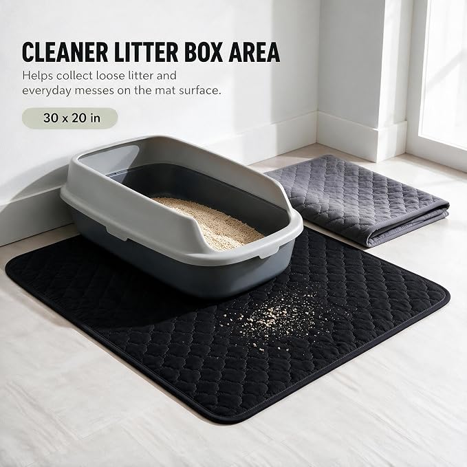 2-Pack Washable Cat Litter Mats, 30 x 20 in, Black/Grey | Absorbent quilted layers with PU barrier, paw-print silicone grip, 2 pockets and 6 empty cotton pouches; catnip not included. - Image 2