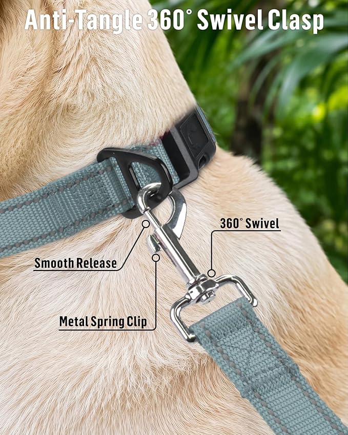 FunTags Reflective Nylon Dog Leash for Medium & Large Dogs, 6FT for Walks | Comfortable Padded Grip, Stay Safe at Night, 360° Anti-Tangle Swivel, for Dog Parks & Trails, Grey - Image 4