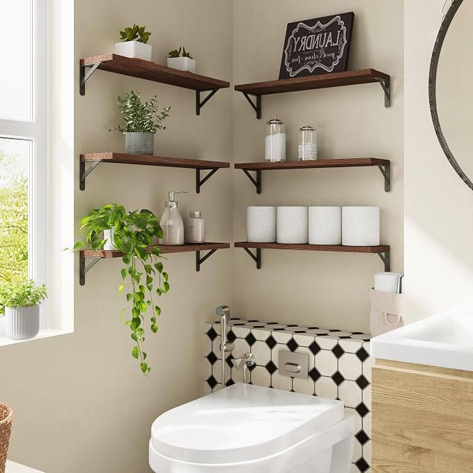 YGEOMER 23.6in Floating Shelves for Wall Home Decor, Wood, Brown, Set of 6 | Rustic wood shelves with metal brackets. Space-saving for books & decor. Works in bathroom, kitchen, living room & bedroom. - Image 6
