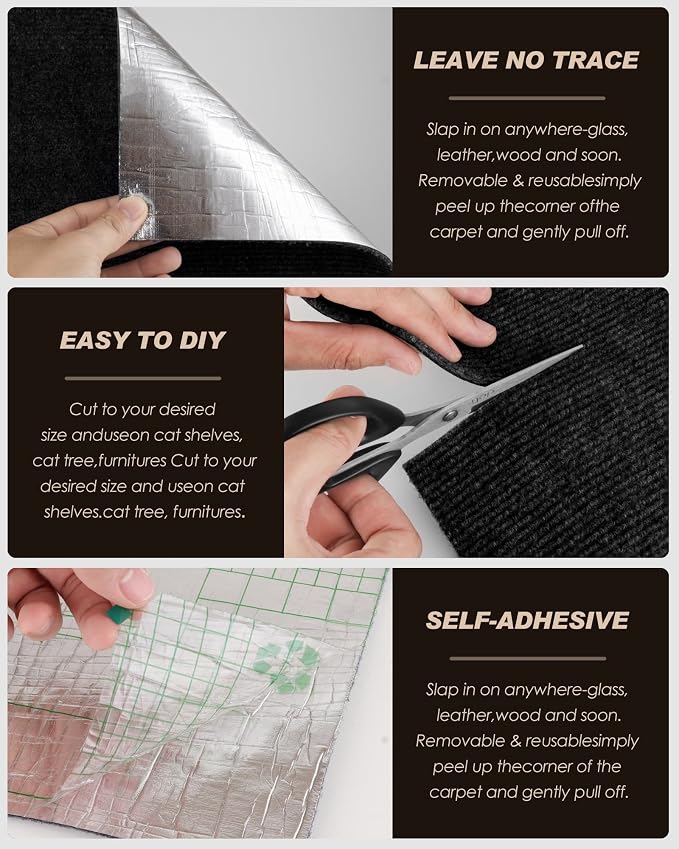 Cat Scratch Furniture Protector, Trimmable Self-Adhesive Carpet, DIY Climb Cat Scratcher Mat for Covering Cat Tower and Couch Protector from Cat Claws (78.7x15.8in Black) - Image 5