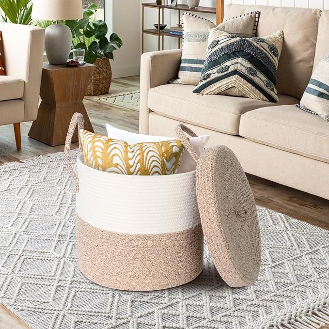 15”x13” Large Storage Basket with Lid, Blanket Basket Living Room, Woven Cotton Rope Baskets for Storage, Kids Toy Storage Bin, Tall Wicker Laundry Basket, Blankets Pillows Organizer Holder - Image 3