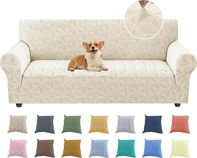 YEMYHOM 1 Piece Stretch Couch Covers for 3 Cushion Couch, Jacquard Sofa Cover with Non-Slip Elastic Bottom, Thickened Slipcover Furniture Protector for Dogs Pets (Large, Beige） by YEMYHOM
