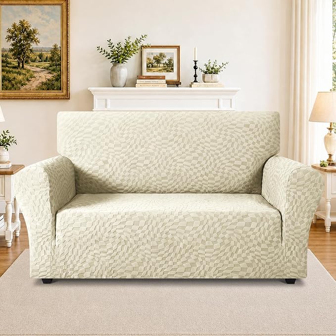 ZNSAYOTX 1 Piece Stretch Loveseat Covers for 2 Cushion Couch (55"-71"), New Plaid Couch Cover with Non-Slip Buckle for Dog Pets, Soft Cozy Washable Sofa Slipcover Form Fit Protector, Beige - Image 2