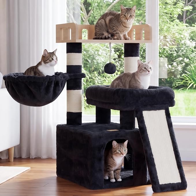 Heybly Cat Tree, Multi-Season Stable Cat Activity Tower, HCT207SG | Wooden Top Platform Cat Tower, Soft Plush Perch, Sisal Scratching Board, Cat Basket & Cozy Kitten Cat Condo, Smoky Gray - Image 9