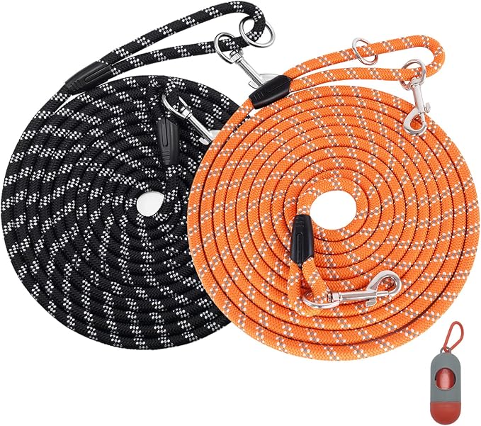 (2 Pack) Long Dog Leash for Dog Training 15FT/30FT/50FT, Dog Rope Check Cord with Reflective Thread for Large Medium Small Dogs, Dog Tie-Out Cable Lead for Hunting, Camping&Backyard by Lanwandeng