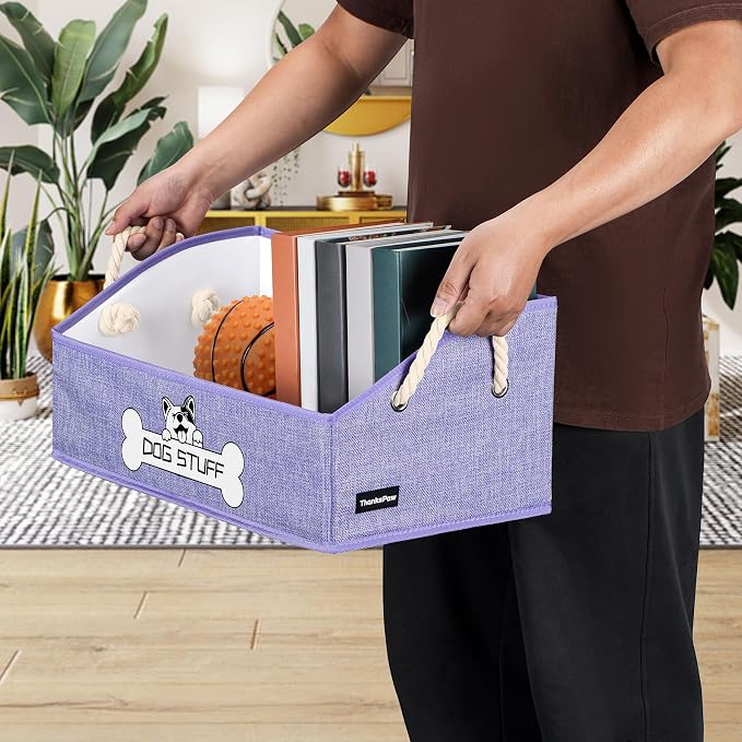 Dog Toy Basket, Storage Bin, Collapsible Box for Pet Accessories | Fabric Container With Handle, Trapezoid Holder for Small Medium dogs, Organizer for Living Room, Purple - Image 3