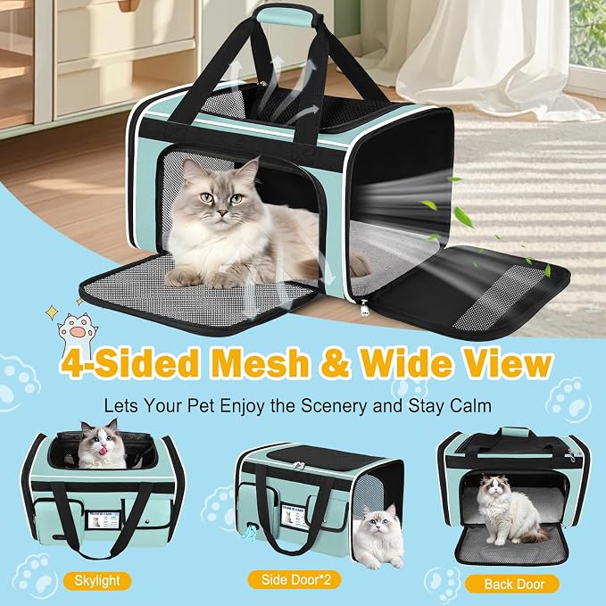 HUANLANG Large Cat Carrier Travel Soft Sided Pet Carrier Airline Approved | Dog Carriers for Small Dogs Medium Cats,Collapsible,3 Storage,zipper lock,Reflective strips,Luggage Strap, Up to 15 Lbs - Image 8
