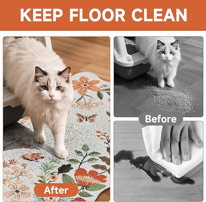 Cat Litter Mat,35"x23" Large Cute Litter Box Mat,Traps 100% Litter | Easy Clean for Scatter Control, Soft on Kitty Paws, Bohe cat food mat,Waterproof Urine Protection, Non-Slip, decor litter mat - Image 3