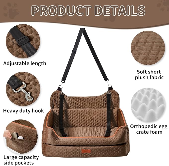 Dog Car Seat for Medium & Large Dogs Up to 55 lbs or 2 Small Dogs, Brown | Memory Foam Elevated Booster Seat with Safety Belts, 4-Inch Thick Cushion, Storage Pockets and Removable Washable Cover - Image 5