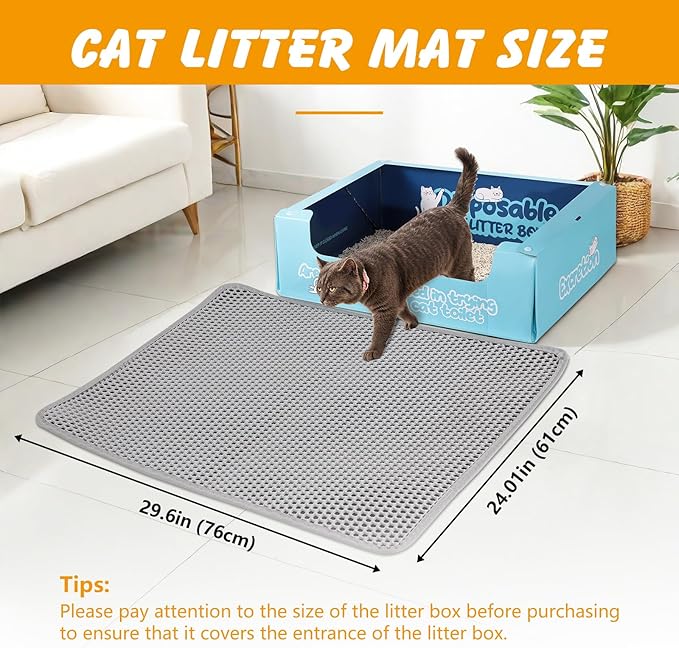ondware Cat Litter Mat 30 x 24 in, Double Layer, Waterproof, Gray | Honeycomb EVA mat, traps litter, urine-proof non-slip backing, soft on paws, easy shake-off or rinse clean - Image 2