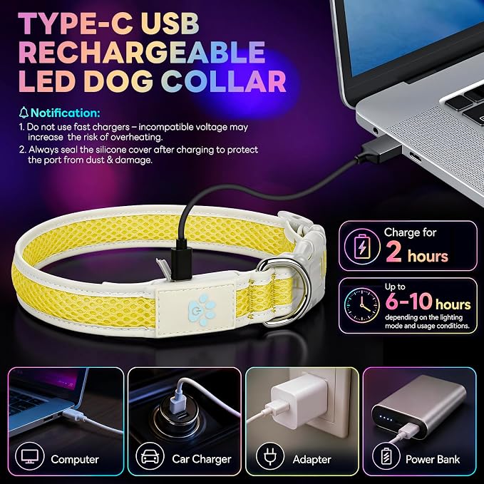 Multicolor LED Dog Collar USB-C Rechargeable, Light Up Dog Collar, Rainbow Gradient Glowing Dog Collar with 4 Light Modes, Adjustable Candy Mesh Pet Collar(Yellow, Small) - Image 4