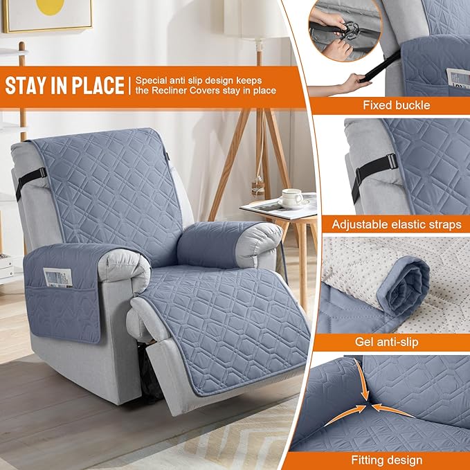 VANSOFY 100% Waterproof Recliner Chair Covers Washable, Slate Gray, 28" | Non-Slip, Slipcover with Pocket, Furniture Protector, Elastic Straps, Chair Cover for Pets, Dogs - Image 3
