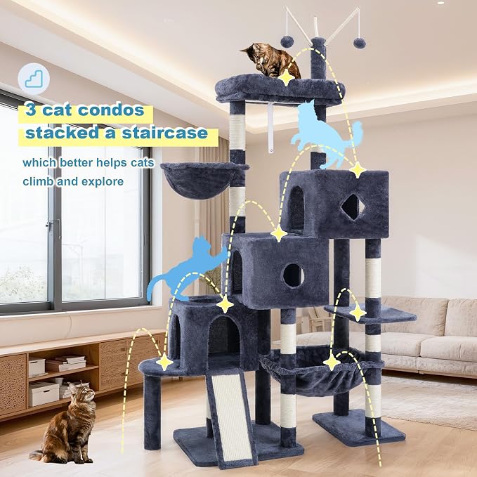 Hey-brother Cat Tree Tower with 3 Condos, Step Climbing Pathway MPJ081G | 74.8 Inches Scratching Post with 3 House, Hammock, Large Basket, Cozy Bed, Sisal Board, Toys for Big Indoor Cats, Smoky Gray - Image 3