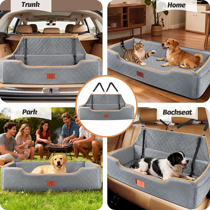 XIEEAOZEE Large Dog Car Seat for Pets Under 100 lbs, Backseat Dog Car Bed | Washable Pet Booster Seat for 2 Medium Dogs, Pet Travel Seat with Storage Pockets, Safety Belts - Image 7