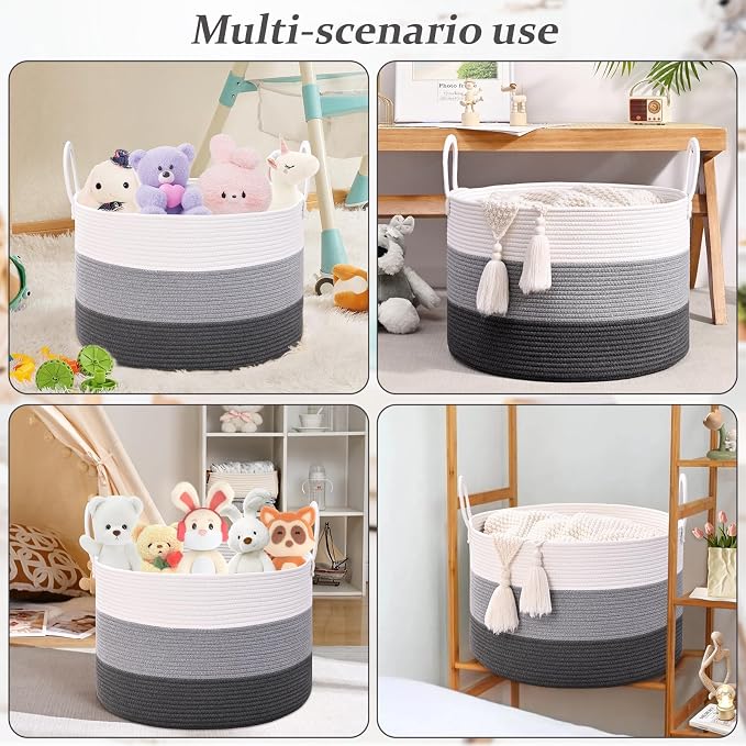 67L Large Woven Blanket Basket, Cotton Rope Baby Laundry Hamper with Handles, Kids Toy Basket for Classroom & Nursery, Soft Round Stuffed Animal Storage, Dog Toy Bin - 20"x13", Gray - Image 6