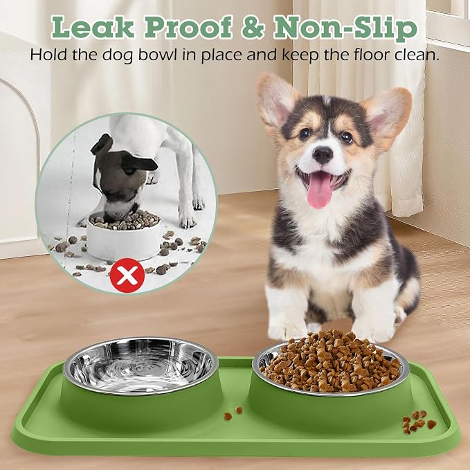 BNOSDM 2 Pcs Double Dog Food Bowls Stainless Steel Small Dog Food and Water Bowls with Non-Spill Plastic Mat Pet Cat Feeder Dish Set for Puppy Cats Kitten (Pink and Drak Green) - Image 4