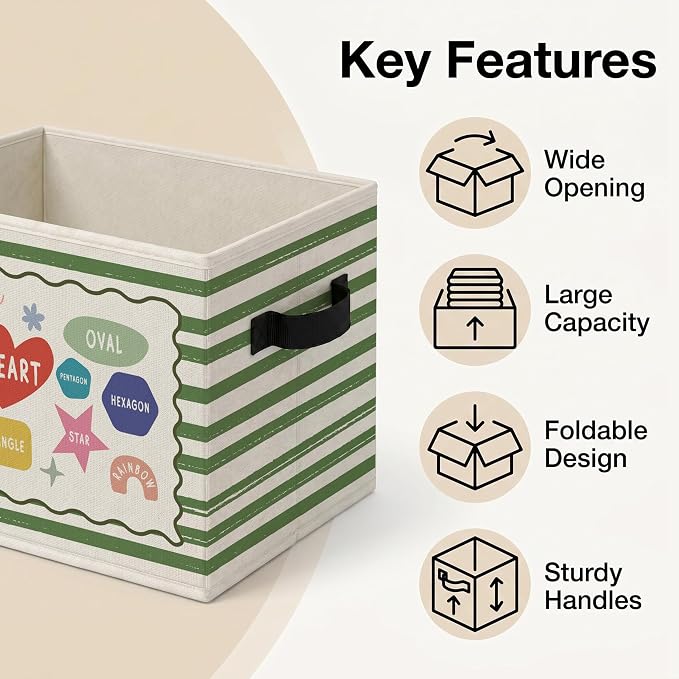 Shape Educational Storage Bins Box, Colorful Collapsible Organizer Basket | fun toddler learning storage box basket for books clothes, green striped organizer for nursery bedroom playroom, 10x14 in - Image 4