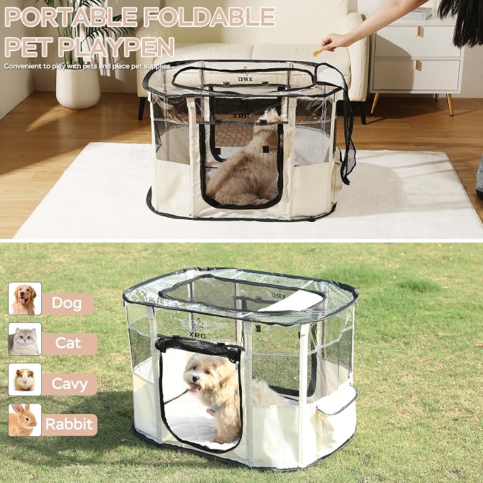 XRG Foldable Dog Playpen with pad，Indoor Cat Kennel L(35.4"x27.6"x23.6") | Portable Dog Crates with Upgrade Breathable Mesh，Sturdy Cat cage Indoor & Outdoor for Rabbit or Small Animals,Beige - Image 4