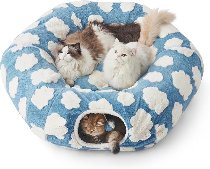 Lesure Donut Cute Jacquard Large Cat Tunnel Bed Kitten Toys for Dog Bunny | 39.5x39.5x10in,Round Large Cat Bed Tube for Multi Kittens,Pet Peekaboo Cave Toy,Spiral Hideaway,Washable Cushion,Blue by Lesure