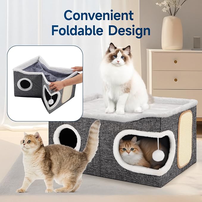 Shikha Extra Large Cat House Bed for Multi Cats with Scratch Pad Grey | 24 x 17.7 x 12.6 IN Widen Cat Cave Cube for Multi Pets, Foldable, Arc-Edge Design, Oval Door, All Seasons Reversible Cushion - Image 6