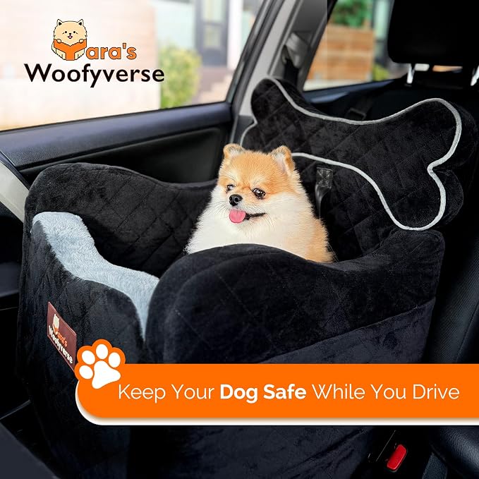 Yara’s Woofyverse Dog Car Booster Seat, Small & Medium Dogs, Midnight Ash | Fur-Lined Headrest, Adjustable Cushions, 6-Pocket Storage, Machine-Washable Cover, Portable Pet Car Seat Front/Back Travel - Image 2