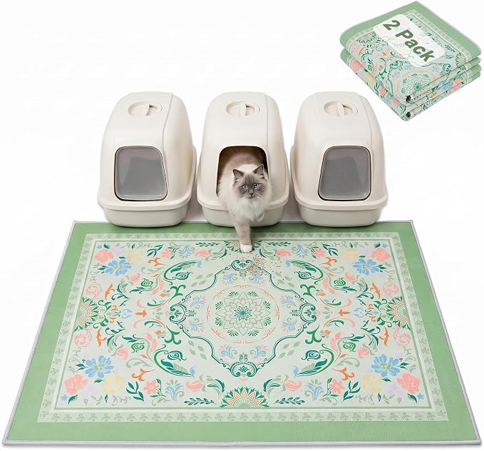 Bienbee Cat Litter Mat, 2 Pack 48" x 36" Machine Washable for Litter Boxes | Cat Litter Rug with Waterproof Backing, Non-Slip Grip and Soft On Kitty Paws to Catch Litter and Protect Floor by Bienbee