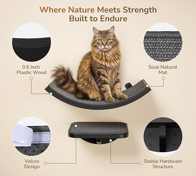 Wall Mounted Curved Cat Hammock with Grey Sisal Pad – Scratch-Friendly Cat Nest Perch for Wall – Large Floating Bed for Indoor Cats - Image 3