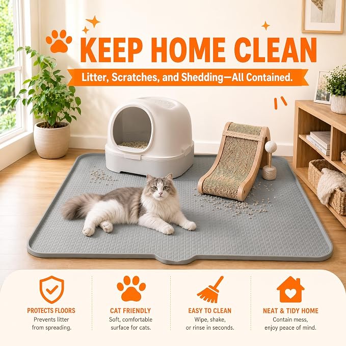 Cat Litter Mat, XL 40"x29.7" Silicone Litter Box Mat, Tilted Drain Spout | Litter Mat Fit 1-2 Boxes, Extra Wide Kitty Litter Mat, Waterproof Urine Proof, Non-Slip, Easy to Clean, High Edge - Image 2