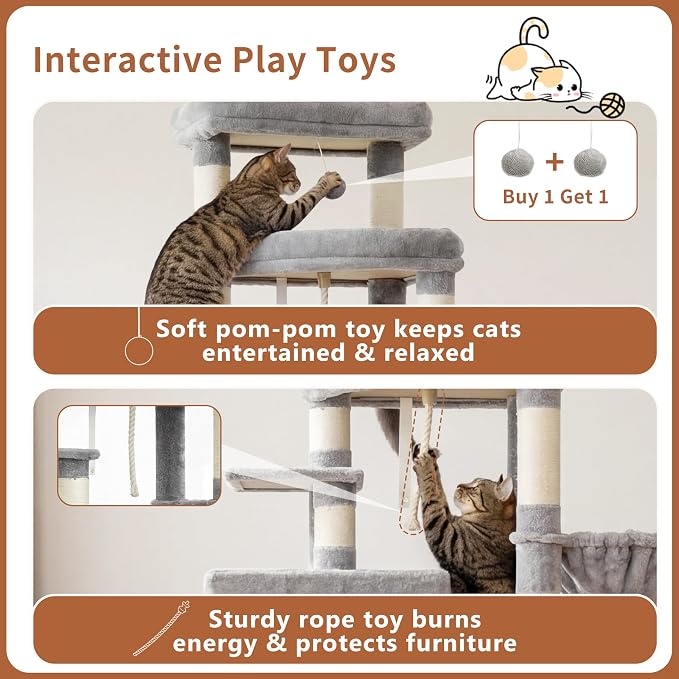 Heybly Cat Tree, 74-Inch Streamlined Cat Tower for Large Cats HCT061W | Cat Furniture with 3-Tier Stacked Condos, Large Perch, Sturdy Base, Full Sisal Scratching Posts & Ramp, Light Gray - Image 9