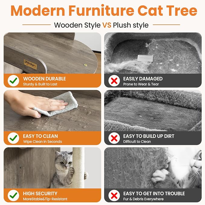 44.8in Modern Wood Cat Tree Tower for Indoor Large Cats with Perch | Multi-level Big Platforms, Sisal Scratching Posts, Cozy Hammock, Washable Pads, Ideal for Windows and Corners, Greige - Image 6