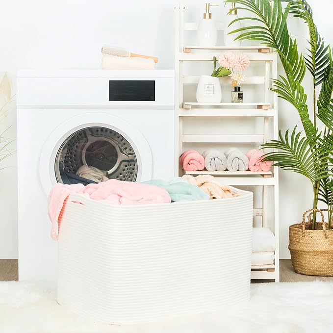 MINTWOOD Design 112L Extra Large Blanket Basket Holder Living Room, 25"x17"x16" Rectangle Rope Woven Storage Basket with Handles for Laundry, Towels, Shoes, Dog Toy Organizer Bin Box, Creamy White - Image 3