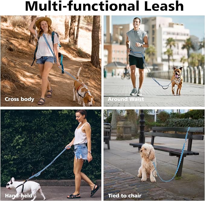Hands Free Dog Leash, 8.5ft Adjustable Hands Free Leash for Medium Dogs, Versatile Handheld Crossbody Waist Lead with 3 Rings, for Running Jogging Walking, Sponge Handle, Geometric Blue - Image 3