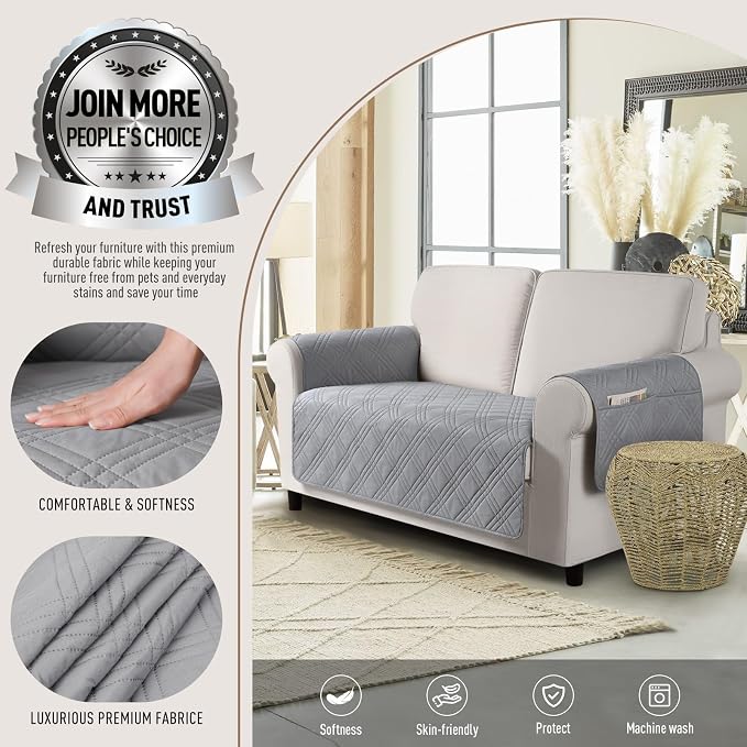 TAOCOCO Waterproof Loveseat Covers for Dogs, Non Slip Couch Cover, 54'' | Washable Love Seat Covers with Arms for 2 Cushion Couch, Dog Sofa Cover Protector, Pockets & Backless Design, Light Gray - Image 2