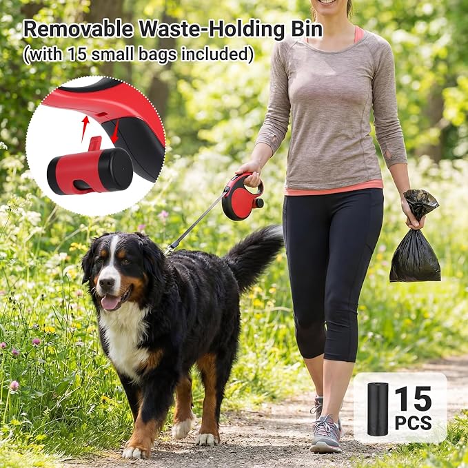 Segarty 26 Ft Walking Lead with Poop Bag Holder for Pet 66 lbs - 110 lbs, 8m Heavy-Duty Retractable Long Leash 360°Tangle-Free with Anti-Slip Handle, One-Handed Brake Pause Lock for Medium Large Dogs - Image 6