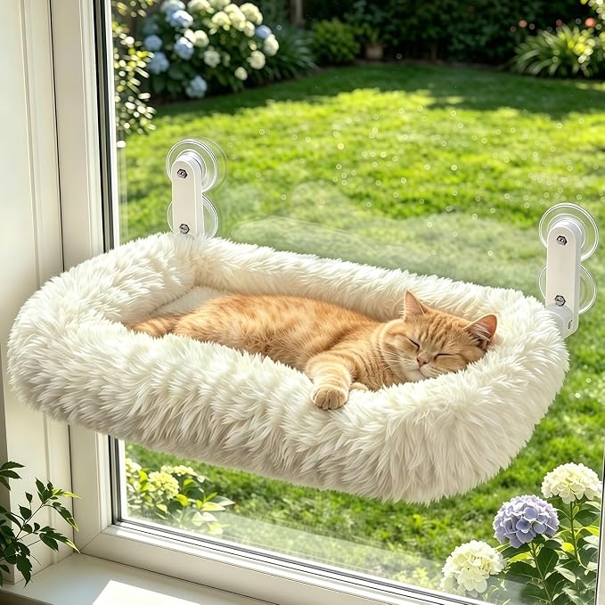 Zoratoo Foldable Cat Window Perch, Widened Cushion Cat Bed for Large Cats | L-White, Extra-Thick and Fluffy Bolster, Large Lying Space, Machine Washable, Cat Window Hammock with Sturdy Metal Frame by Zoratoo