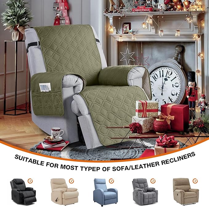 VANSOFY 100% Waterproof Recliner Chair Covers Washable, Olive Green, 22" | Non-Slip, Slipcover with Pocket, Furniture Protector, Elastic Straps, Chair Cover for Pets, Dogs - Image 4