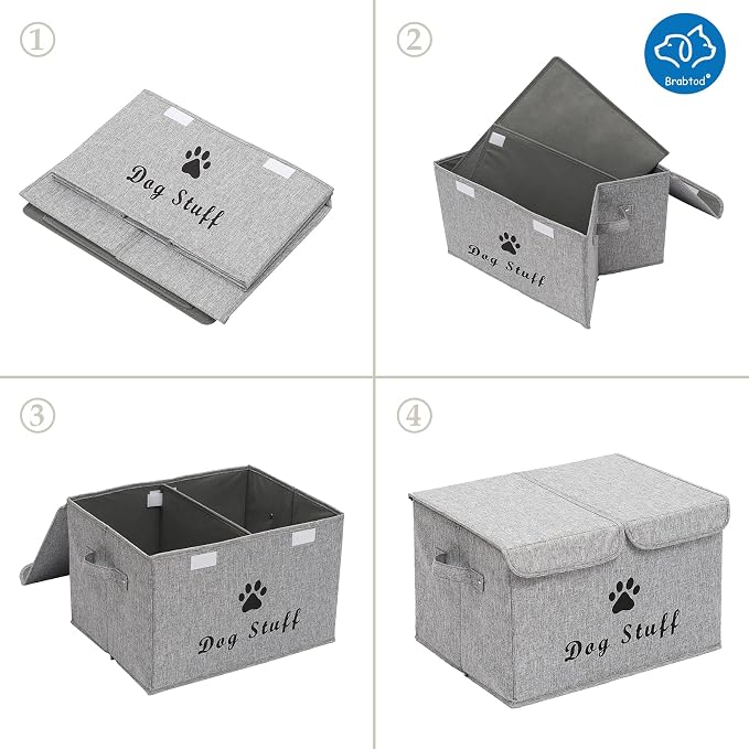 Large Dog Toys Storage Box Canvas Storage Basket Bin Organizer with Lid - Collapsible Linen Bin Ideal for Organizing Dog Cat Toys and pet stuff-PP Boad-17" x 12" x 10" - Snow Gray - Image 5