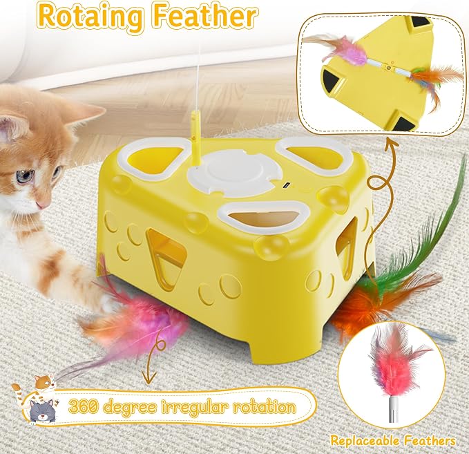 Automatic Cheese-Shaped Interactive Cat Toy – Flying Bird, 6-Hole Mole & Rotating Feather | USB Rechargeable Electronic Feather Toy for Indoor Adult Cats & Kittens, Relieves Boredom | Cheese-shaped non-slip base, 3 play modes, USB-C rechargeable 1200mA... - Image 6